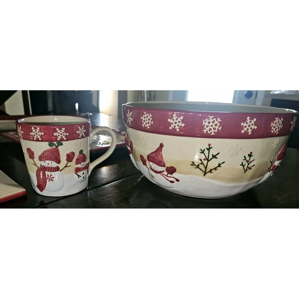 St. Nicholas Square Winter Wishes Snowman Dinnerware Set Bowl Mug Platter Table